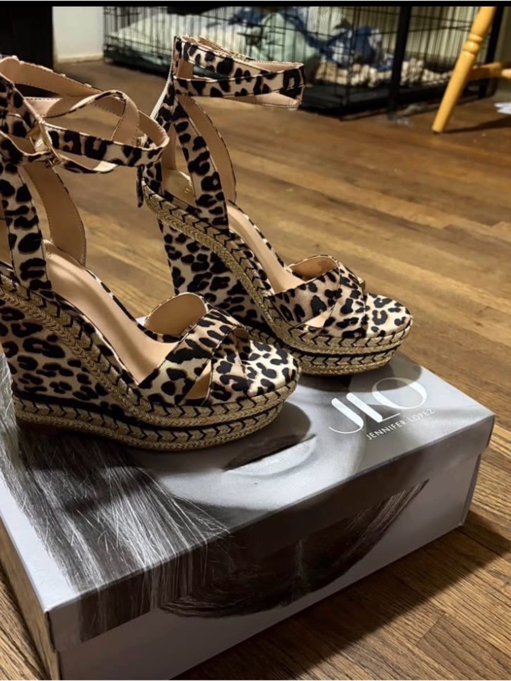 Jennifer Lopez Leopard Print Ankle-Strap Wedge Sandals